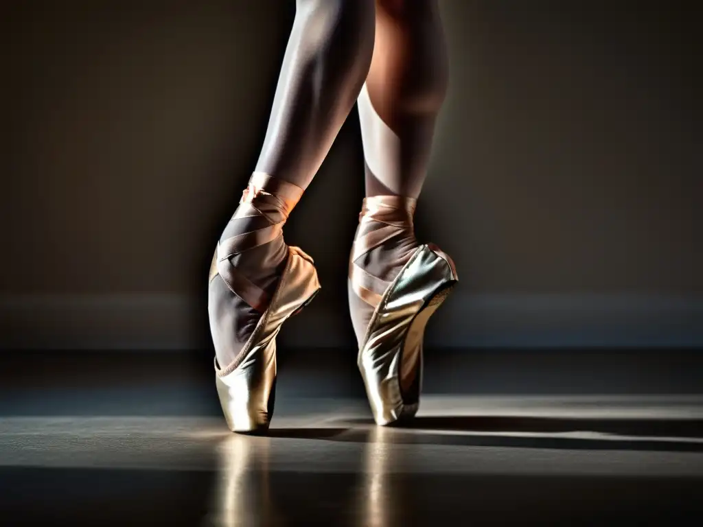 Detalle de los pies de una bailarina en zapatillas de punta, mostrando la fuerza y gracia en un movimiento elegante