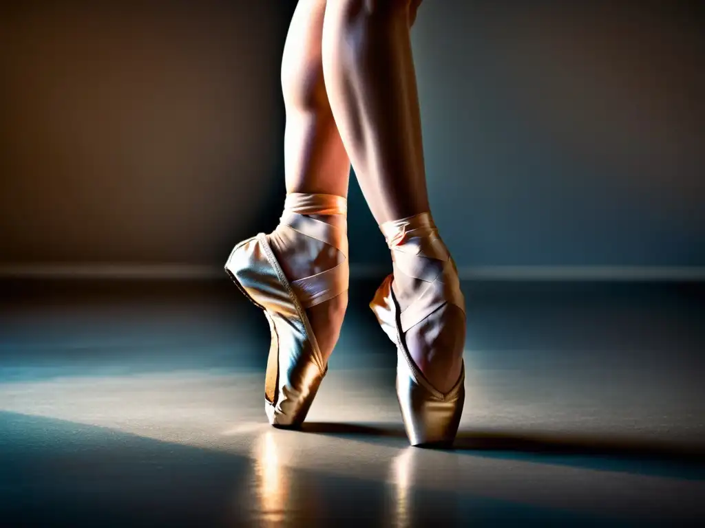 Detalle de pies de bailarina en zapatillas de puntas, mostrando la intensidad y determinación en los músculos