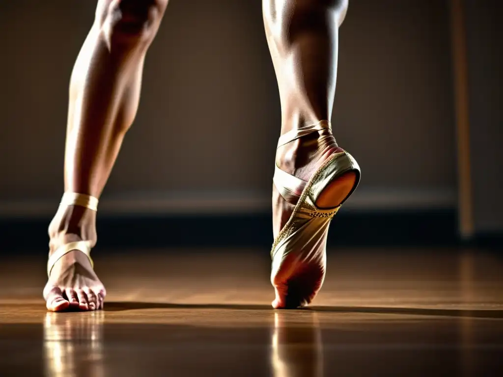 Detalle de pies descalzos de bailarín realizando ejercicios para danzas tradicionales, resaltando fuerza y flexibilidad en el tendón de Aquiles