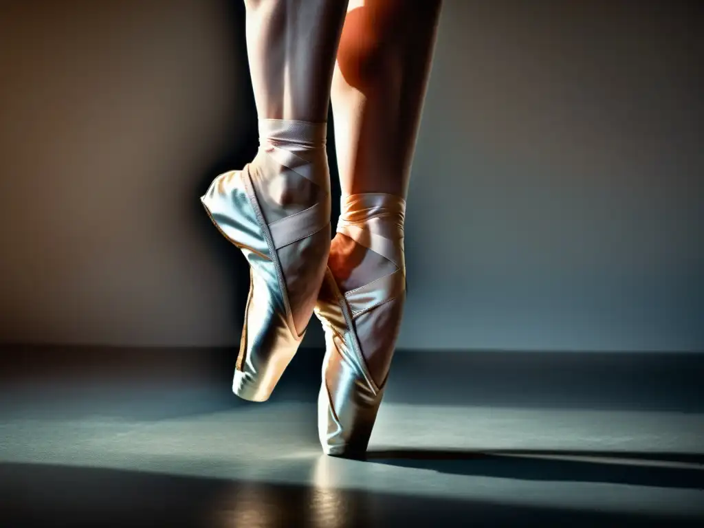 Detalle de pies y tobillos de bailarina en relevé en pointe, mostrando fortaleza y flexibilidad en la danza