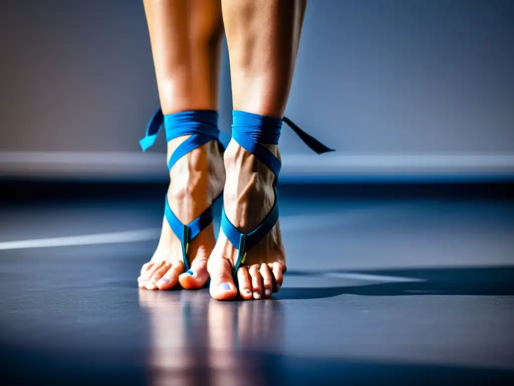 Detalle de los pies y tobillos de una bailarina, resaltando fortaleza y flexibilidad en el fortalecimiento pies tobillos danza