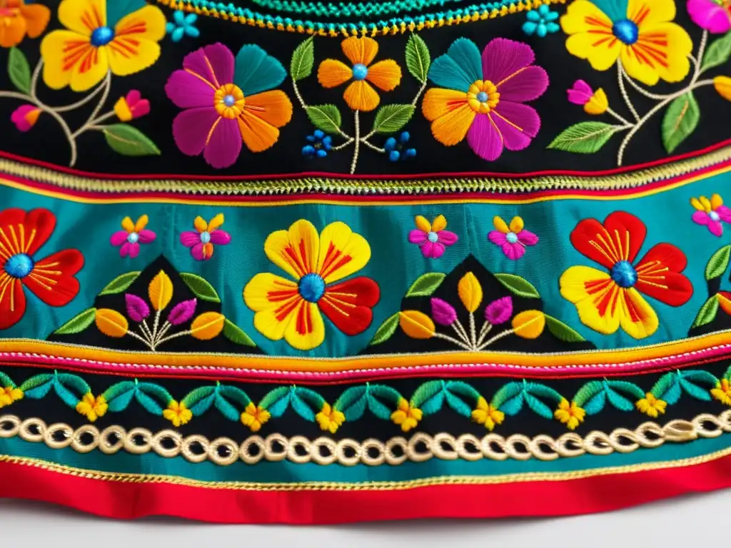 Detalle de una pollera panameña bordada a mano, mostrando la evolución del traje con sus patrones intrincados y colores vibrantes