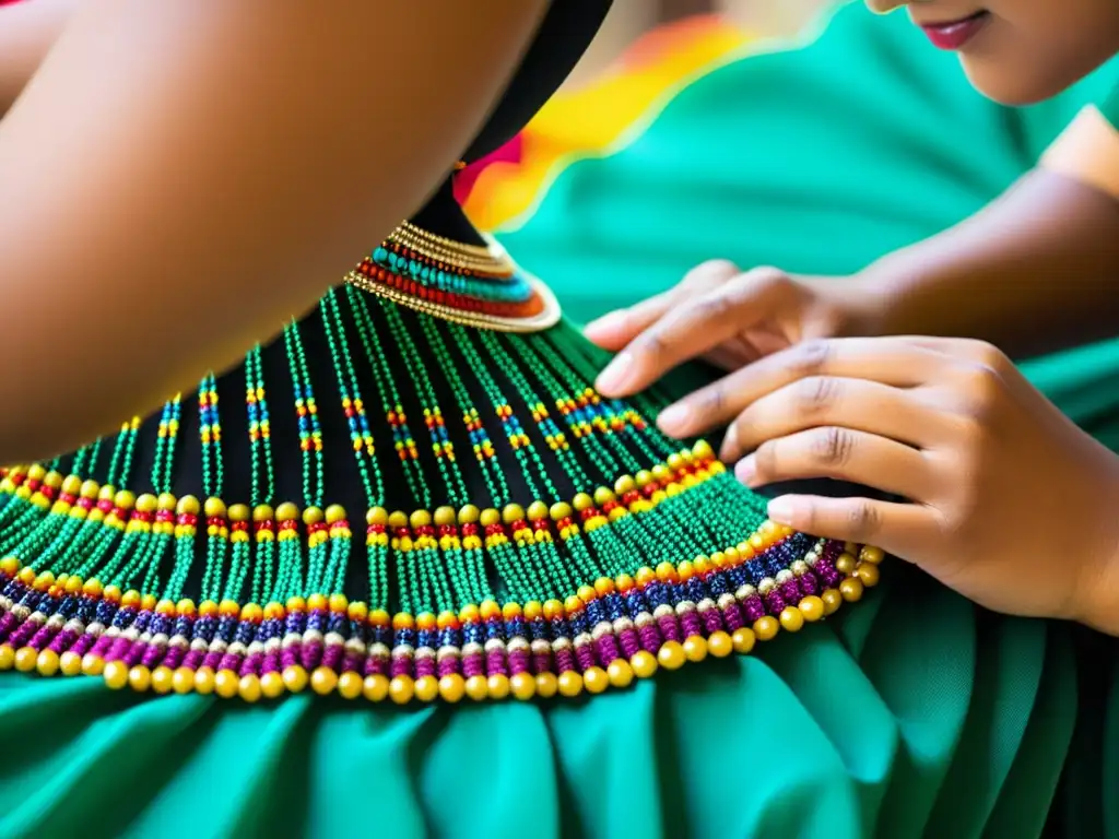 Detalle del proceso de creación de un traje de danza auténtico, con un artesano cosiendo minuciosamente cuentas en una tela vibrante