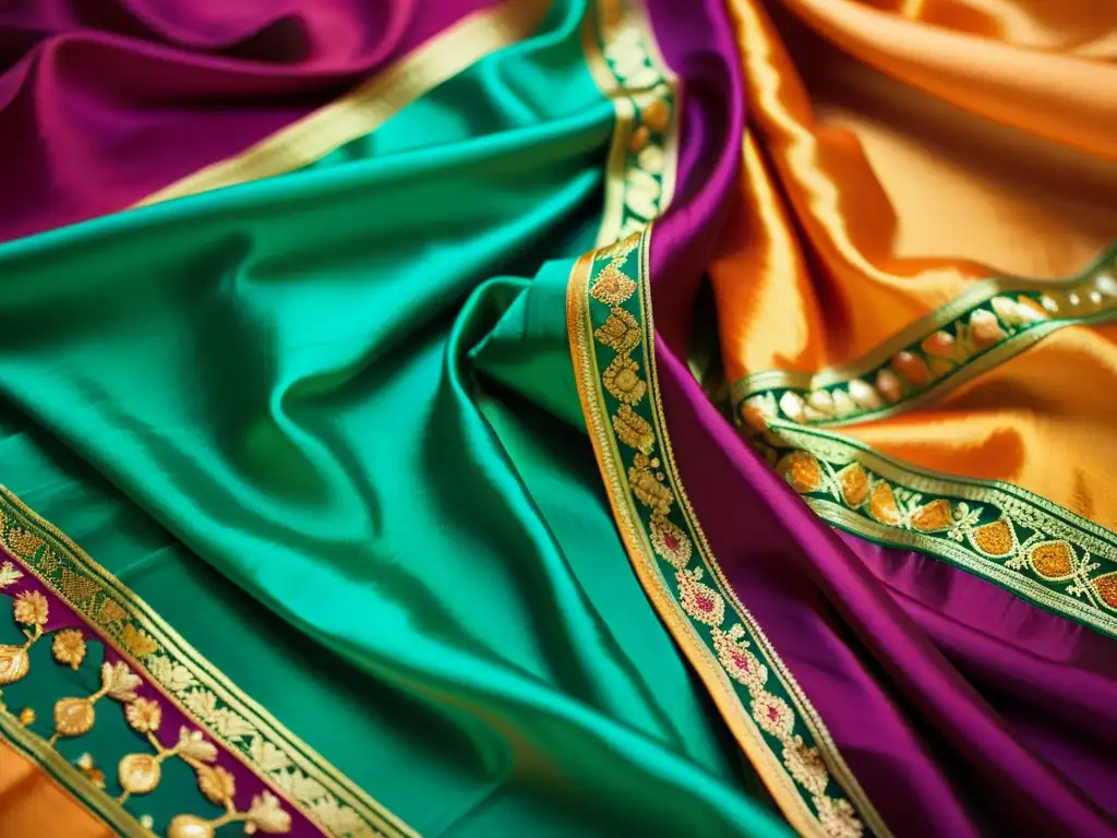 Detalle de un sari de seda con patrones de danza clásica india, resplandeciendo en colores vibrantes y bordados delicados bajo la luz natural