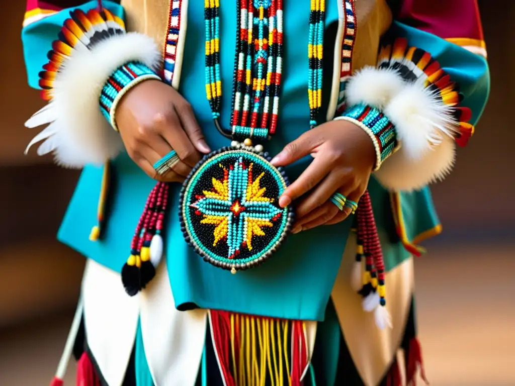 Detalle del significado cultural de accesorios de danzas tradicionales en regalia de bailarín nativo americano, con bordados y plumas vibrantes