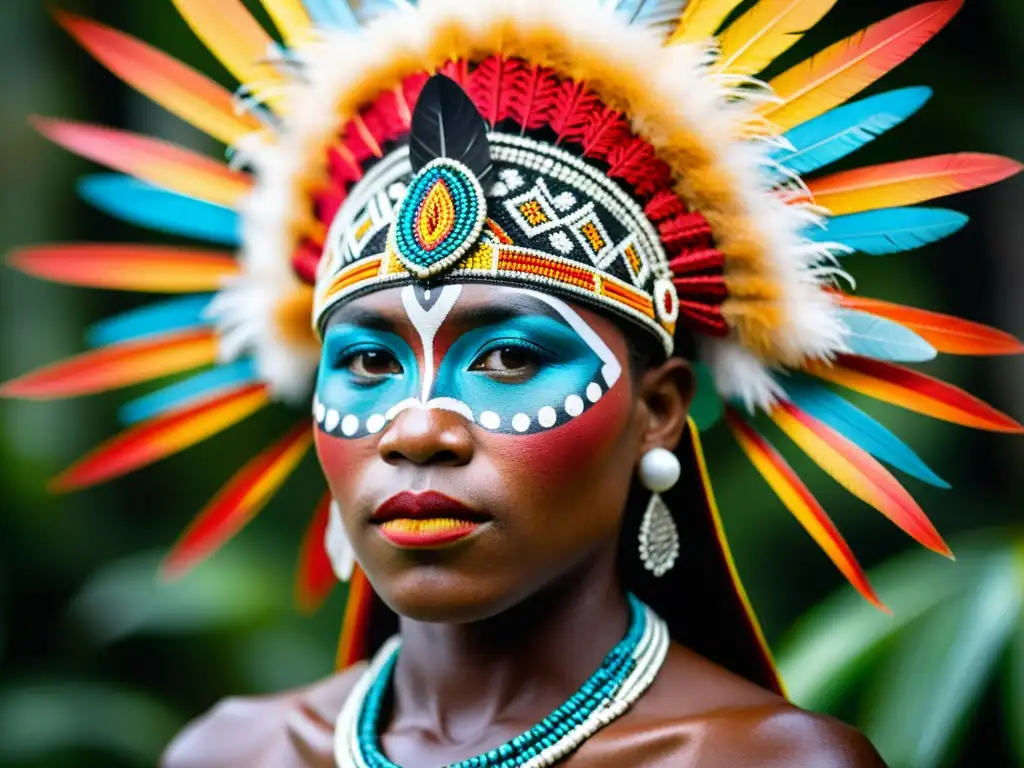 Detalle del significado cultural de adornos en danza Papua: headdress con motivos simbólicos, plumas vibrantes y mirada intensa del bailarín
