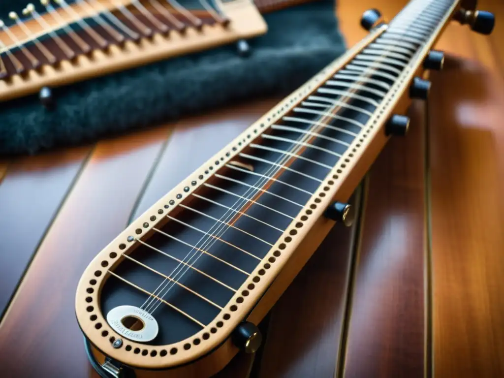 Detalle del Nyckelharpa Sueco, resaltando su artesanía e historia con tonos cálidos y texturas detalladas