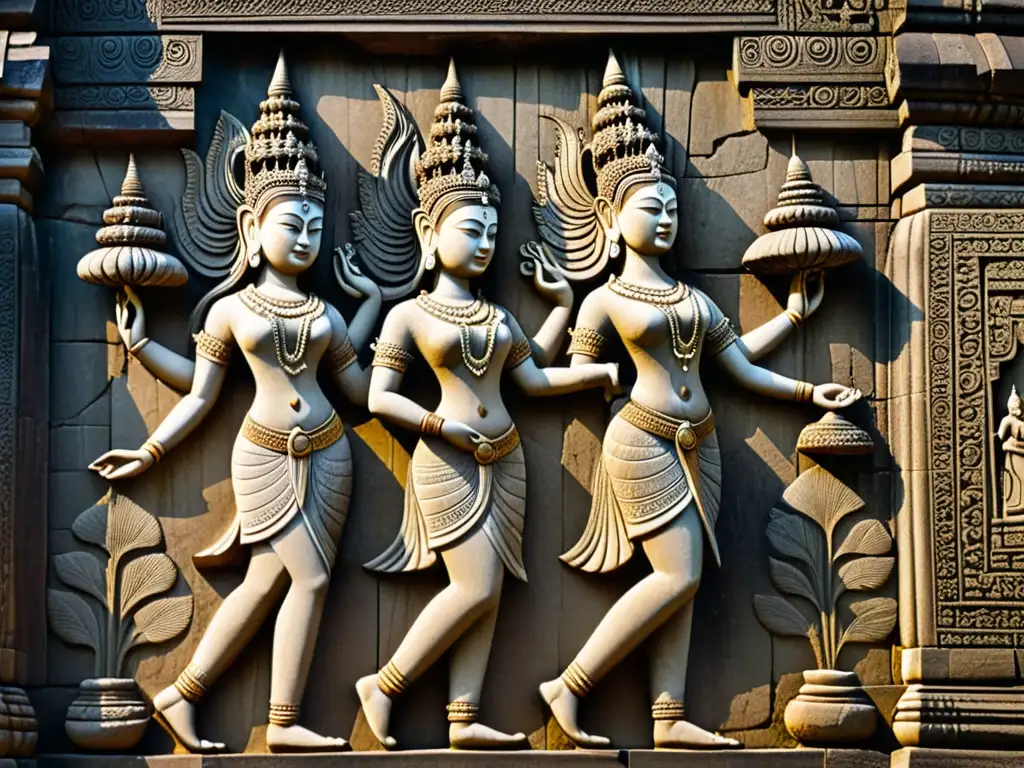 Detalle tallado de bailarinas Apsara en Angkor Wat, capturando la belleza atemporal y el significado cultural de la Danza Apsara camboyana