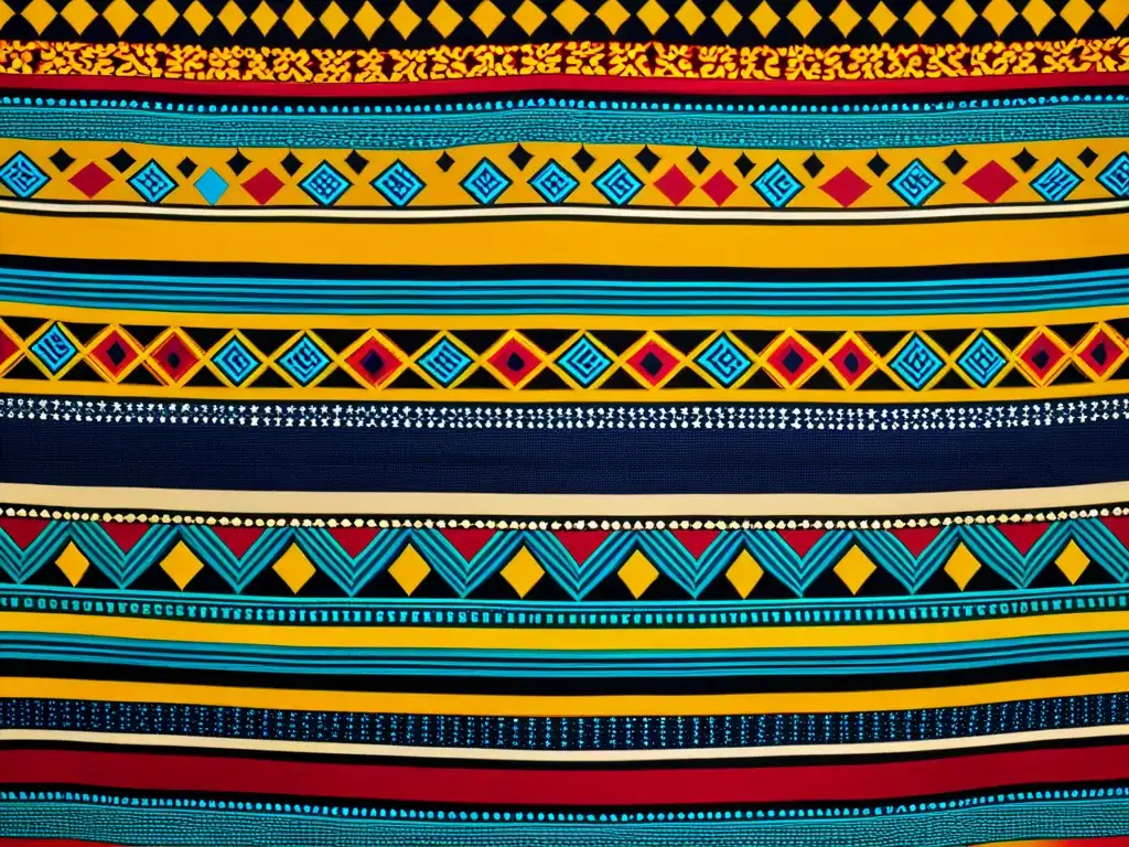 Detalle de una tela africana tradicional con bordados y colores vibrantes que representan el significado cultural de la indumentaria africana