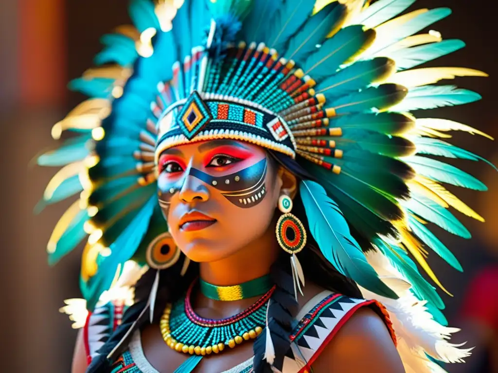 Detalle de un tocado azteca con plumas vibrantes, reflejando la rica artesanía y simbolismo cultural de la danza azteca