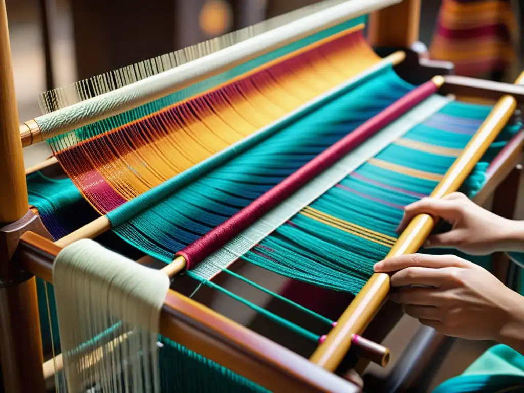 Detalle de telar tradicional con técnicas artesanales para vestuario de danza tradicional, evocando la herencia cultural y la meticulosa artesanía