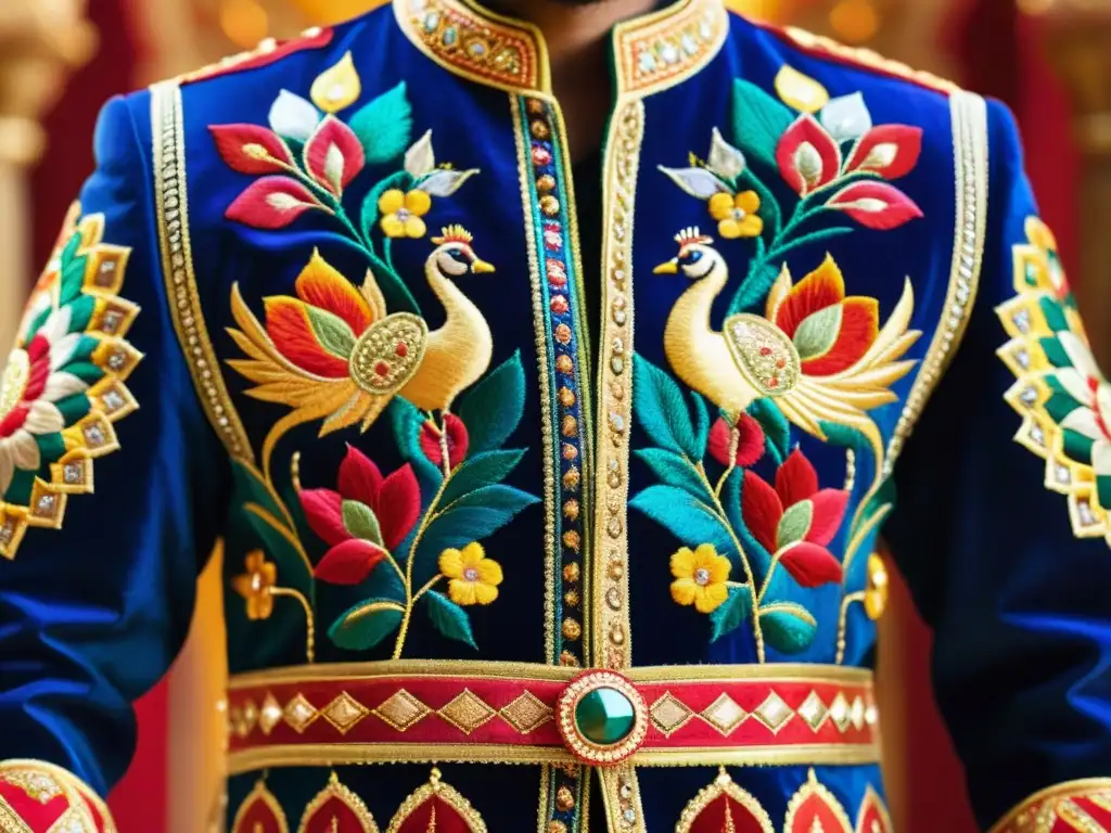 Detalle de traje de Bhangra, con bordados intrincados y ricos colores, reflejando el significado cultural de accesorios de danzas