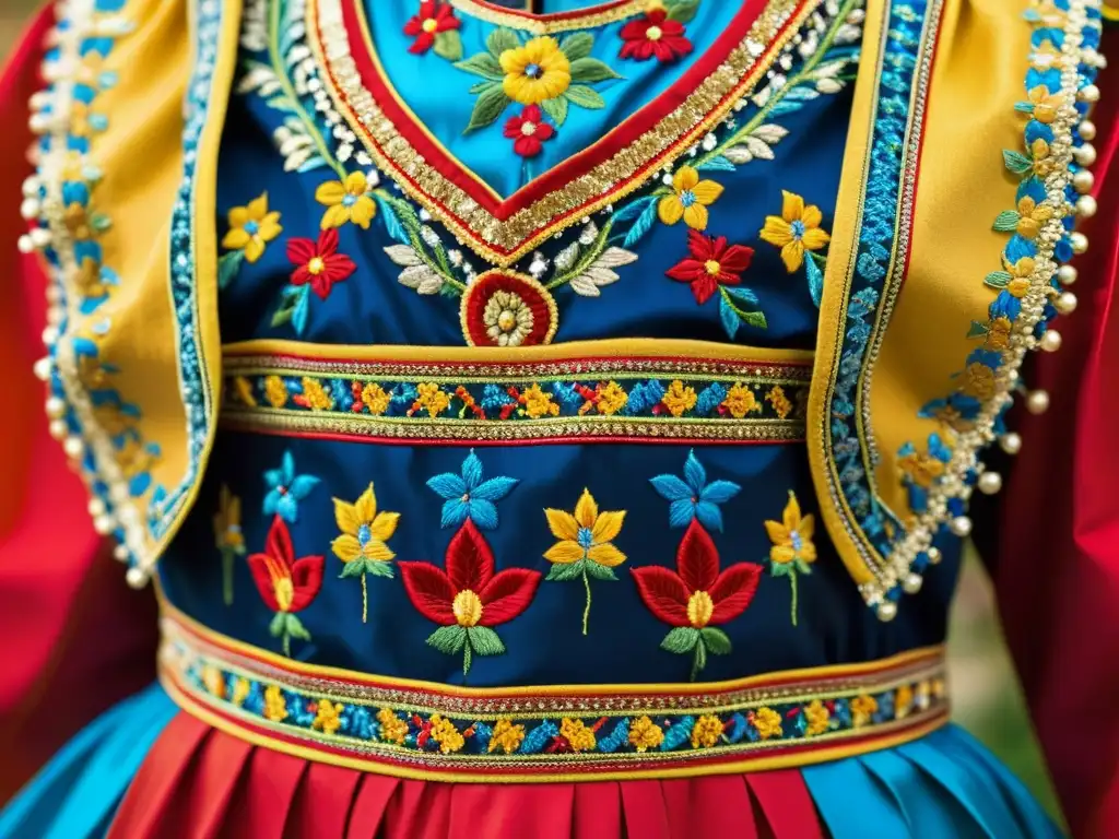 Detalle del traje de danza folclórica con bordados vibrantes y significado cultural