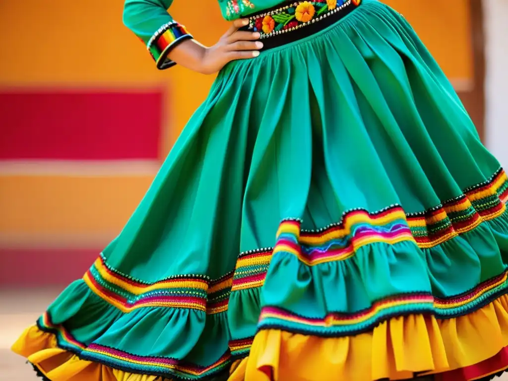 Detalle de traje de danza folklórica mexicana, con bordados y colores vibrantes