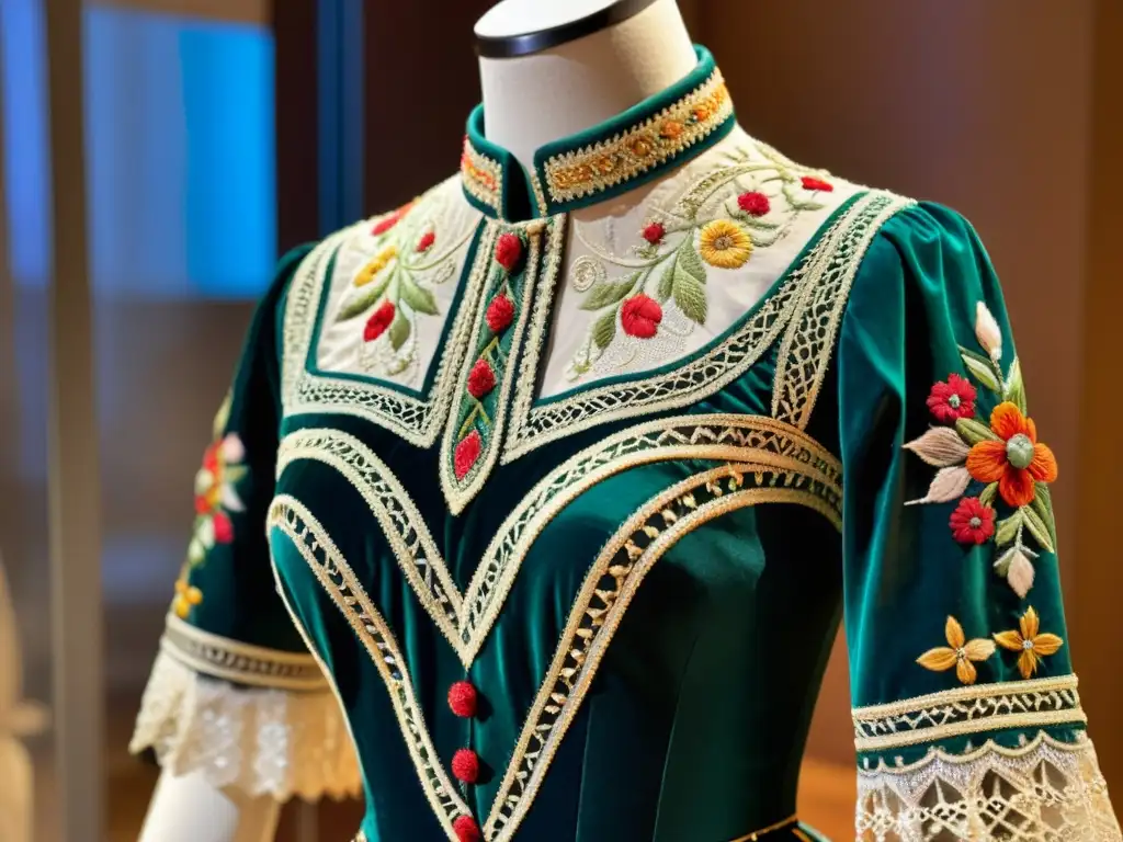 Detalle de traje de danza histórico bellamente conservado, exhibiendo bordados intricados y colores vibrantes en ambiente de museo iluminado