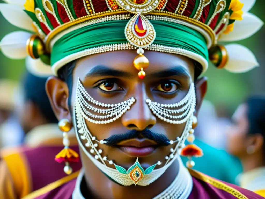 Detalle del traje de danza Kandyan, resaltando la artesanía y colores vibrantes, reflejando la historia y significado cultural de la Perahera de Kandy