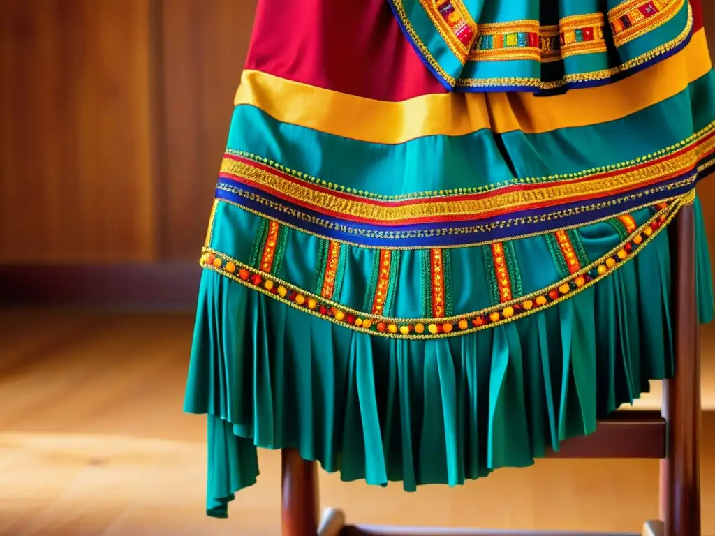 Detalle de traje de danza tradicional con colores vibrantes y bordados, significado cultural de los colores en danzas tradicionales