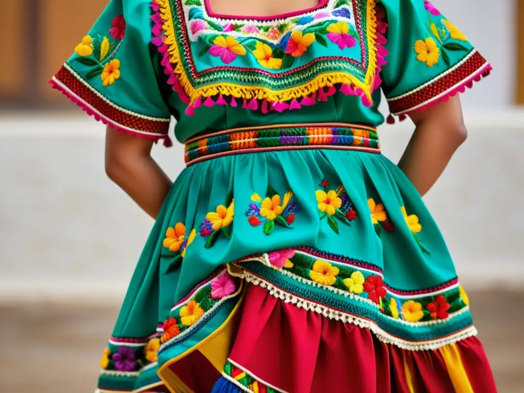 Detalle de un traje de danza tradicional mexicana, resaltando el bordado intrincado y los colores vibrantes