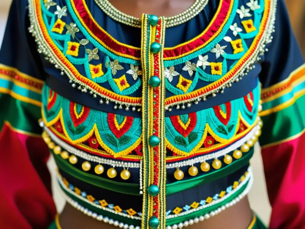 Detalle de traje de danza tradicional, bordado y adornado con colores vibrantes y significado cultural de trajes de danza