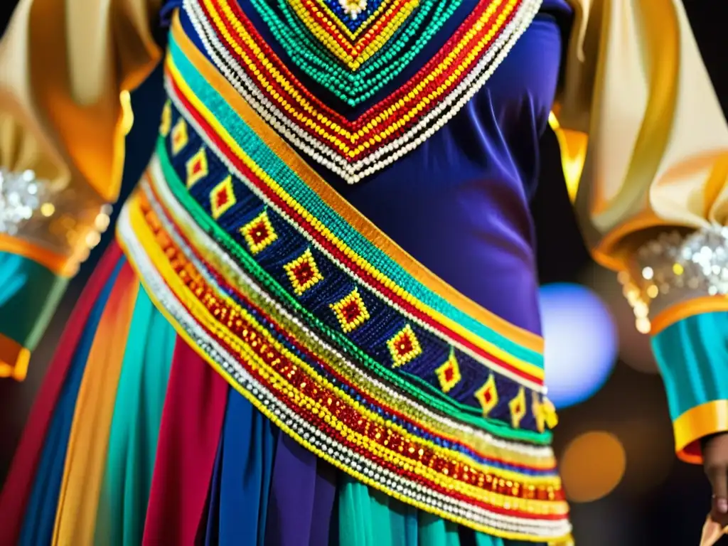 Detalle de un traje de danza tradicional con vibrante tela multicolor, reflejando la influencia de la dieta en vestimenta