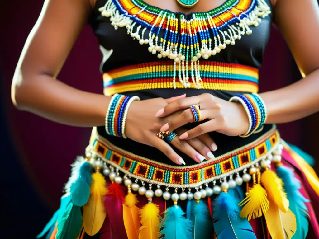 Detalle de traje de danza tradicional latinoamericana, resaltando accesorios coloridos y significado cultural