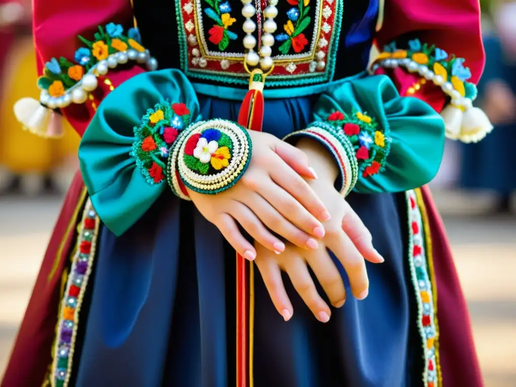 Detalle de traje folklórico europeo con accesorios vibrantes y significado cultural en danzas folklóricas