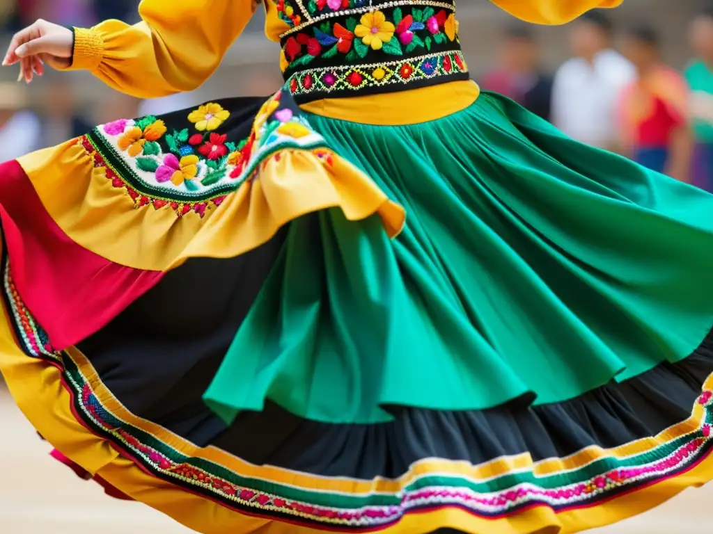 Detalle de traje tradicional de danza mexicana con bordados y colores vibrantes