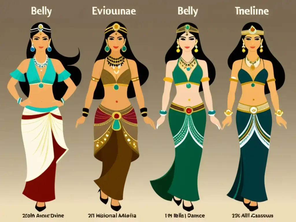 Evolution of Belly Dance Costumes: From Mesopotamia to Modern Day Detalle de la evolución de los trajes tradicionales de danza del vientre a lo largo de la historia
