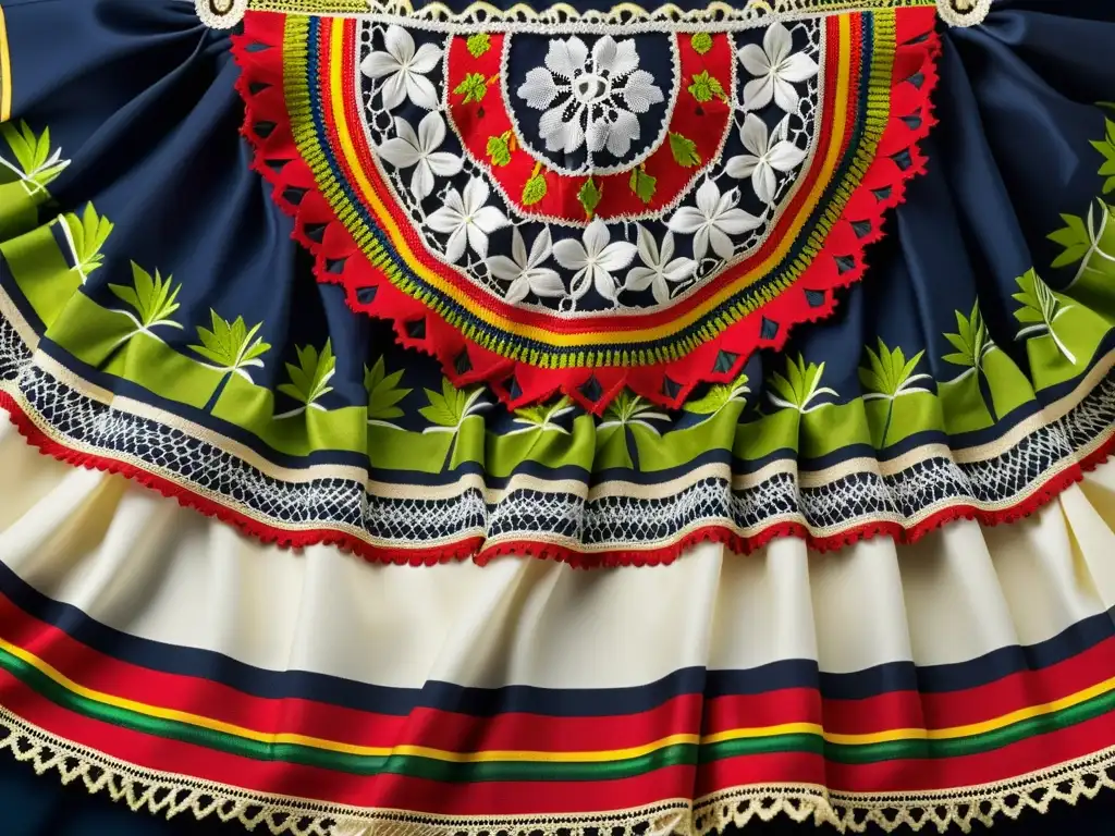 Detalle ultradetallado de la evolución del traje de la pollera panameña, resaltando sus patrones bordados, colores vibrantes y encajes delicados