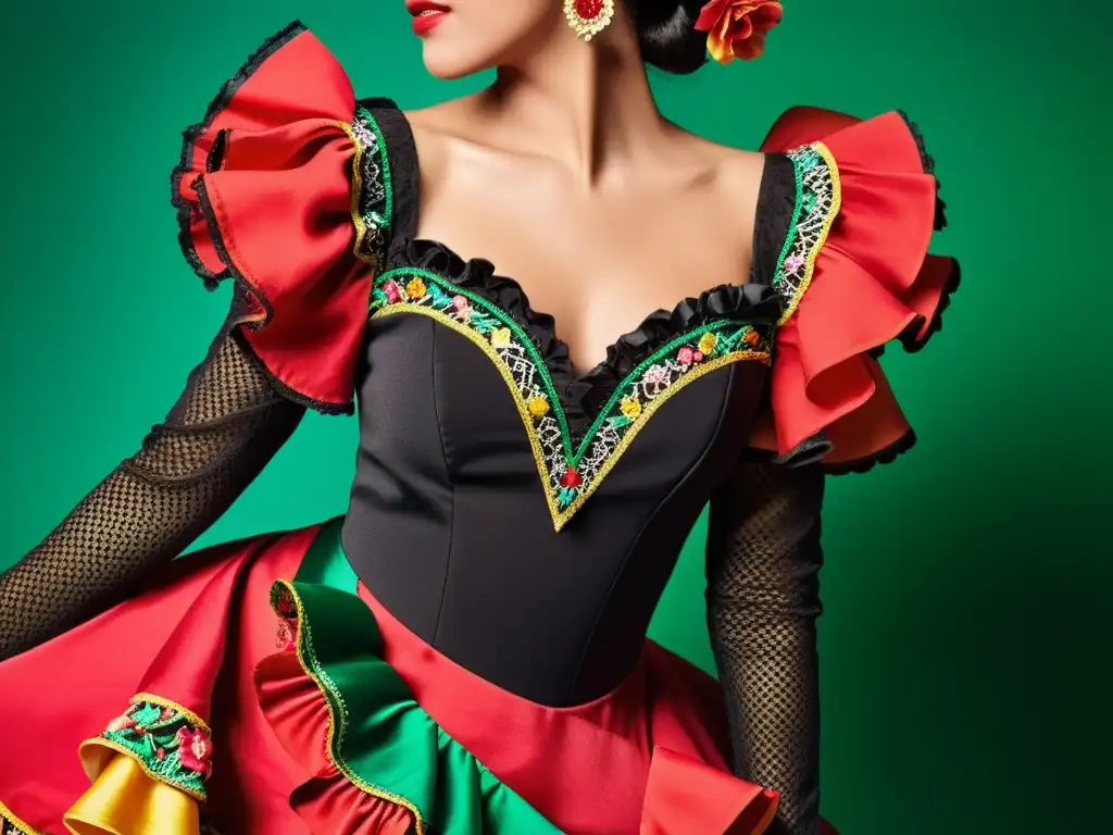 Detalle de un vestido de flamenco rojo y negro con bordados florales, mostrando el significado cultural de los vestuarios de danza tradicional