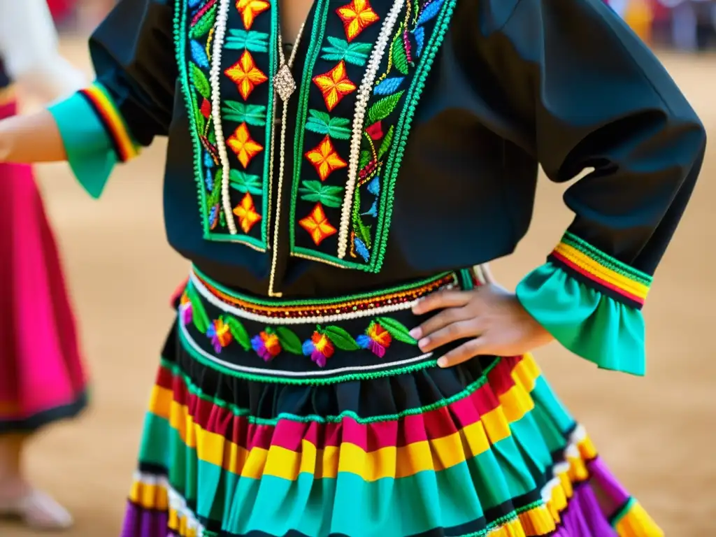 Detalle de una vestimenta de danza mexicana tradicional, resaltando la importancia de la indumentaria auténtica en la preservación de tradiciones