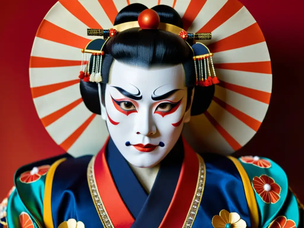 Detalle de una vestimenta tradicional en danzas del mundo: un traje Kabuki japonés con bordados intrincados y colores vibrantes, que refleja la rica herencia cultural y la meticulosa artesanía de este icónico atuendo