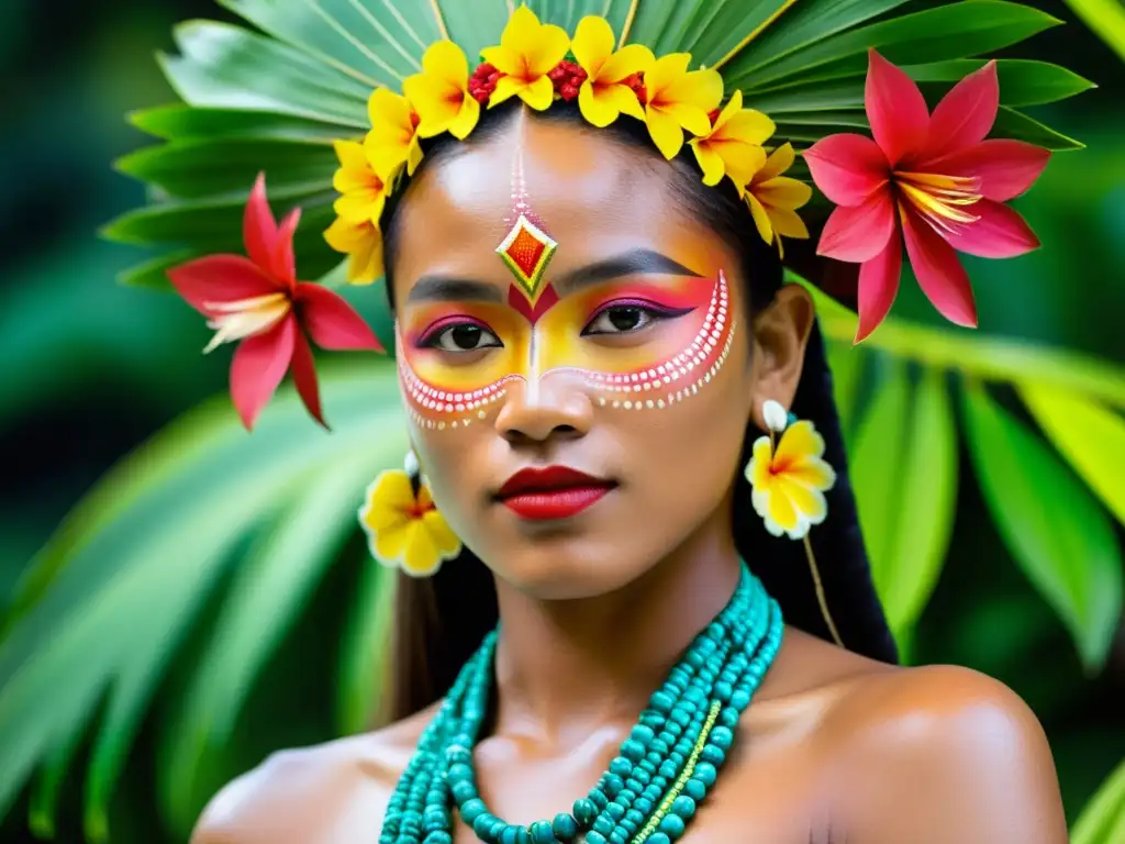 Detalle de vestimentas de danza de Palau con diseño inspirado en la naturaleza, capturando la riqueza cultural y la belleza natural