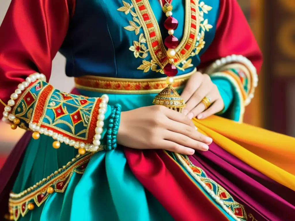 Detalle del vestuario de danza tradicional asiática, con bordados intrincados y colores vibrantes, reflejando su significado cultural e historia