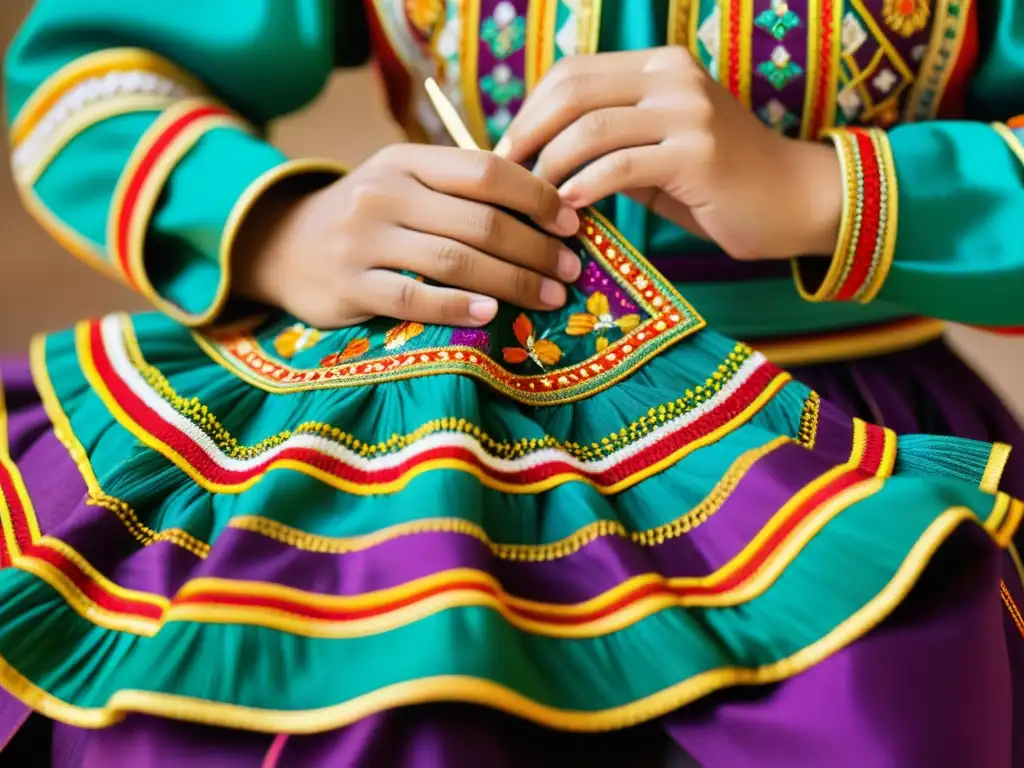 Detalle de vestuario de danza tradicional bordado a mano con técnicas artesanales, mostrando patrones e colores vibrantes