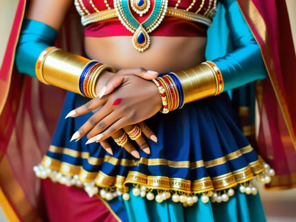 Detalle del vestuario tradicional de danza Kuchipudi de la India, resaltando la artesanía y elegancia