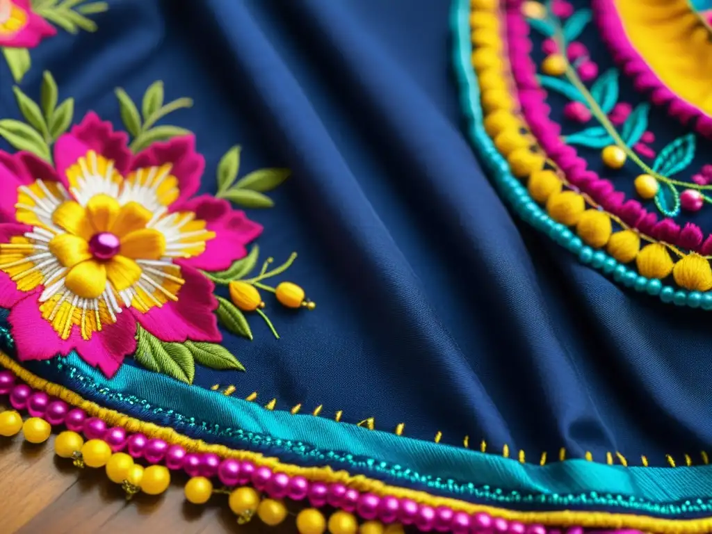 Detalle vibrante de una Pollera panameña bordada a mano, capturando la artesanía y el significado cultural de esta prenda tradicional