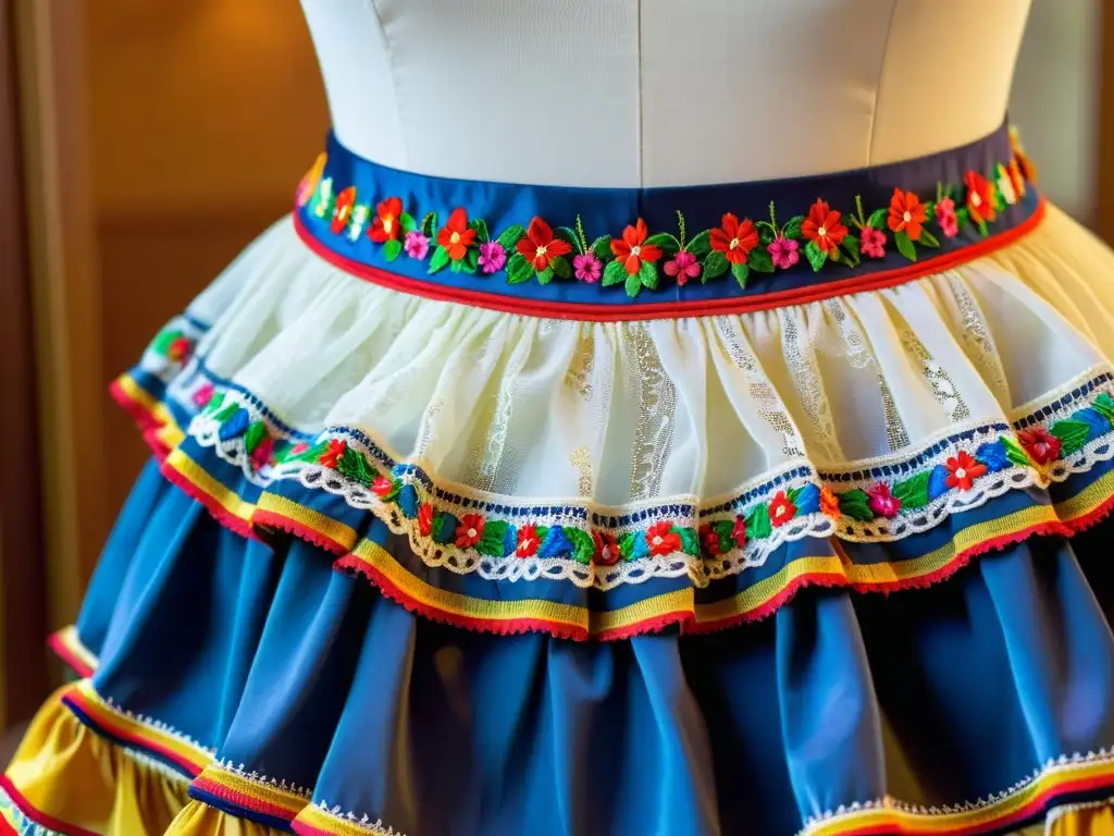 Detalle de un vibrante traje de la Cueca Chilena en un maniquí, destacando sus colores y detalles artesanales