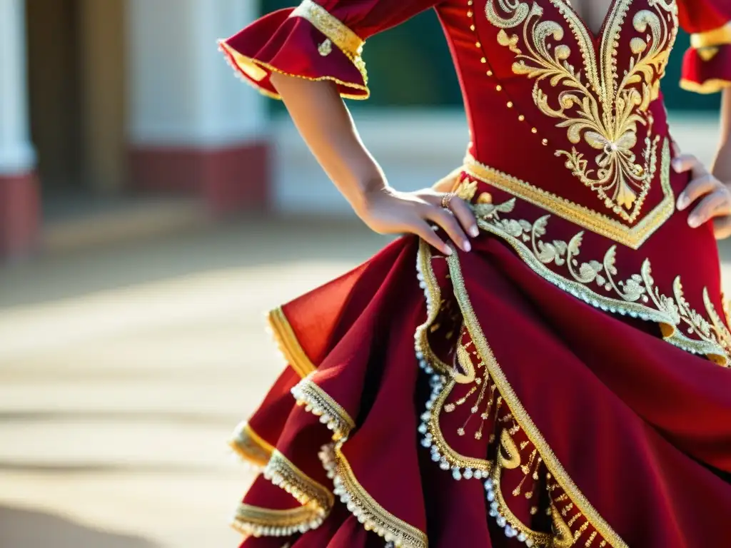 Detalle del vibrante traje de danza flamenca con bordados intrincados