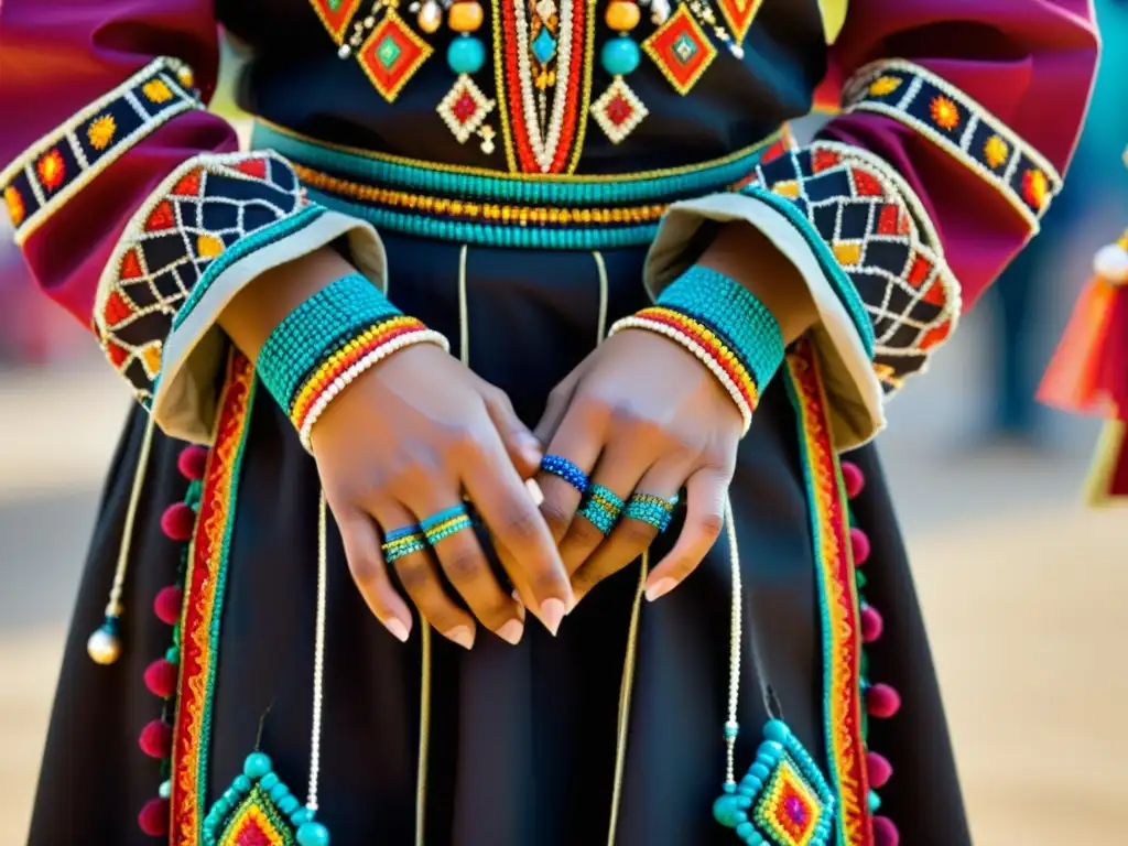 Detalle vibrante del traje de danza folclórica con patrones geométricos y atuendos coloridos