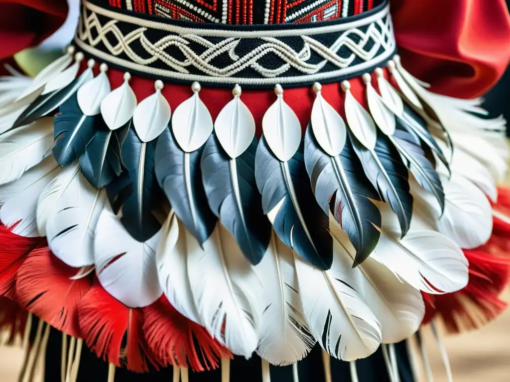 Detalle vibrante de la vestimenta de danza tradicional de Nueva Zelanda, con patrones tejidos en rojo, negro y blanco, plumas y bordados intrincados