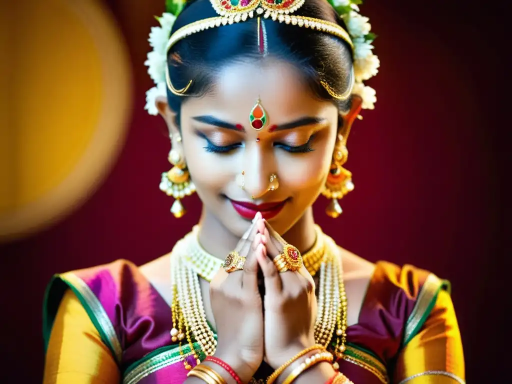 Detalle del vibrante vestuario tradicional de danza Kuchipudi de la India, con bordados, adornos dorados y joyería tradicional