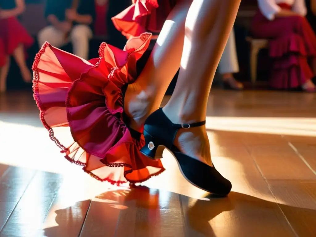 Detalle vibrante del zapateado de una bailaora de flamenco durante la Feria de Abril en Sevilla, reflejando el significado cultural del Flamenco