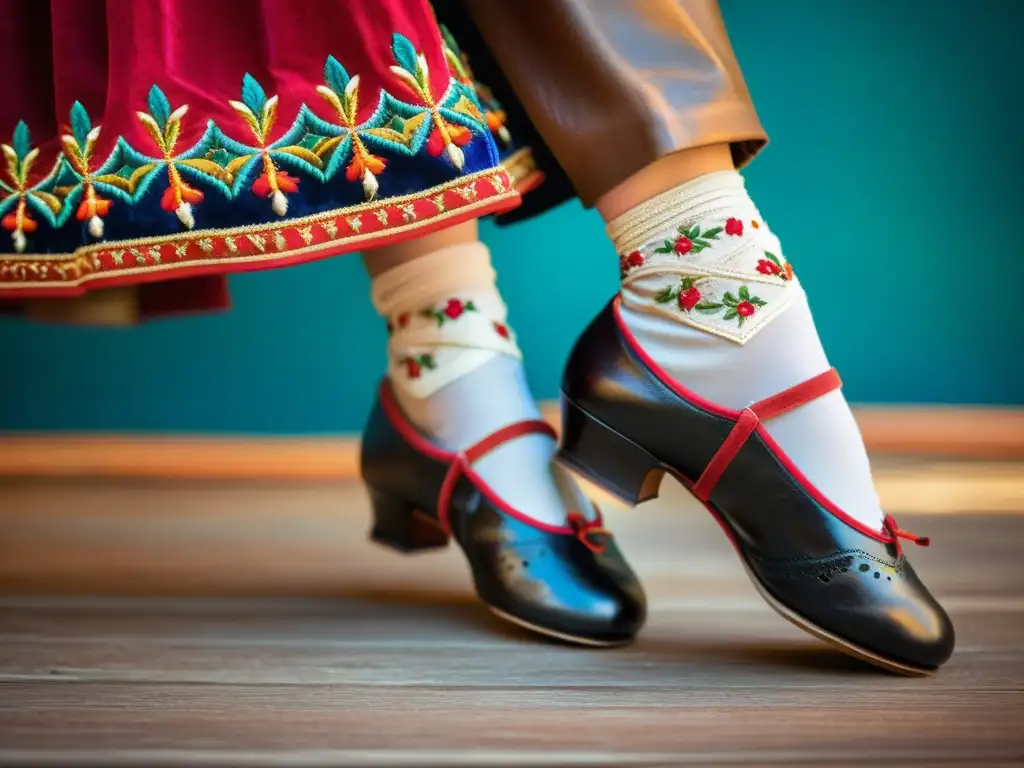 Detalle de zapatos de danza europea desgastados, con bordados intrincados y rica historia