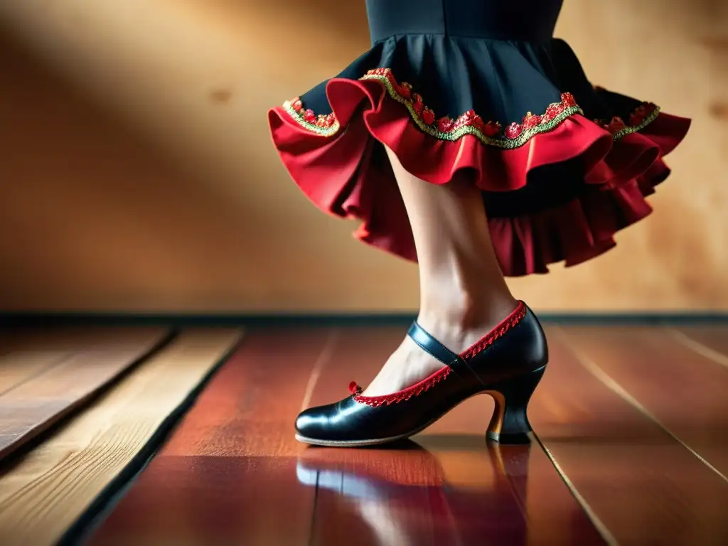 Detalle de zapatos de flamenco y movimientos apasionados en piso de madera, capturando la esencia del arte del baile flamenco