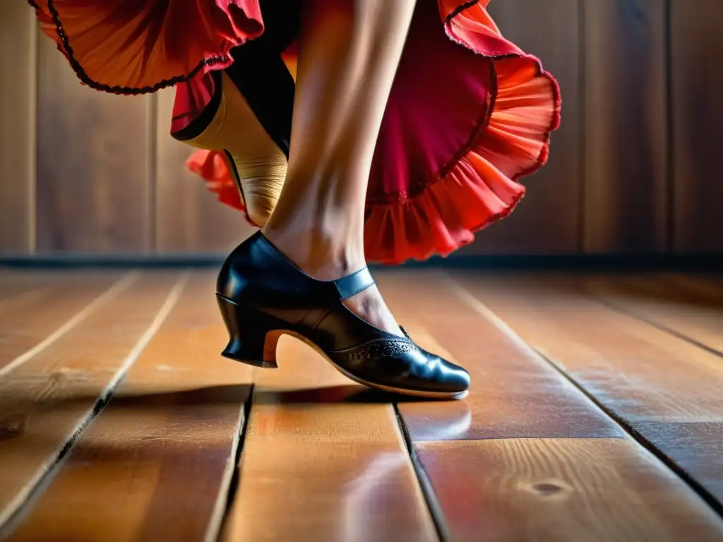 Detalles intensos de los pies de un bailaor de flamenco, reflejando la pasión y el significado cultural del flamenco gitano