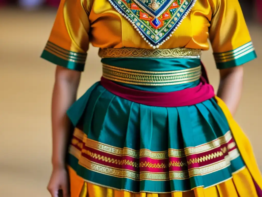 Detalles intrincados del traje de danza laosiano: colores vibrantes, bordados a mano y significado cultural capturado en alta resolución