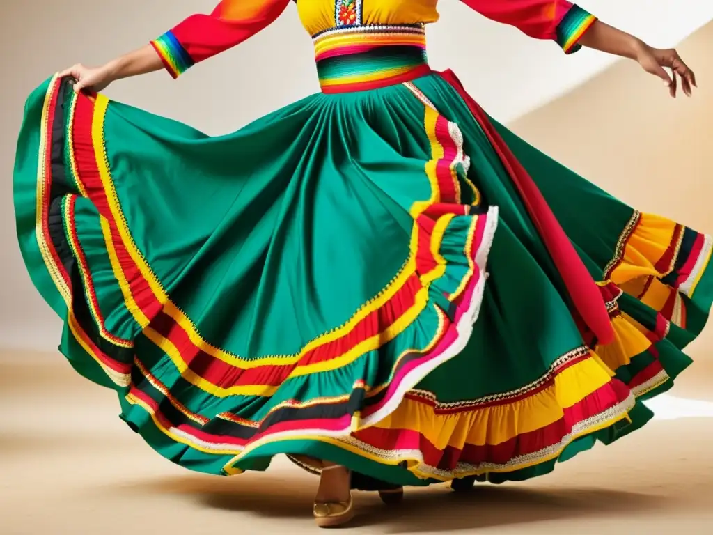 Detalles intrincados de la vibrante falda de danza tradicional mexicana en TikTok, capturando la energía y la tradición cultural