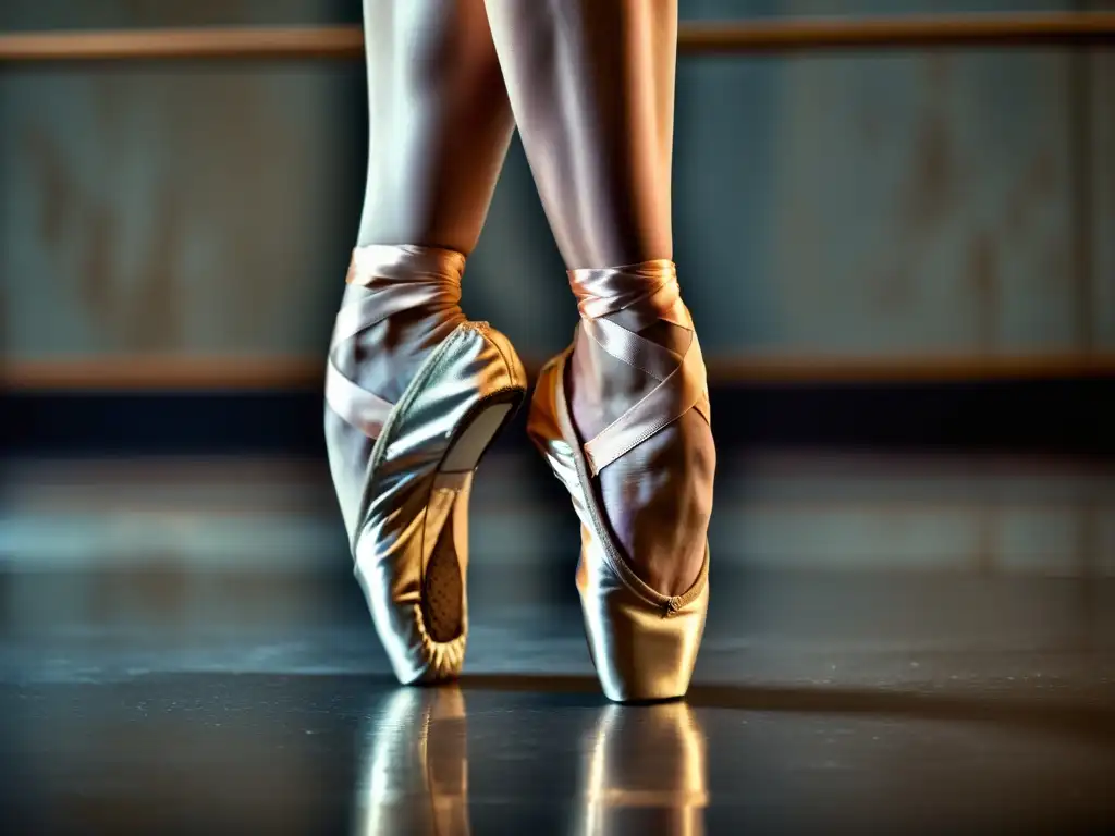 Detalles de los pies de una bailarina en punta, reflejando concentración y entrenamiento mental para bailarines: técnicas de concentración