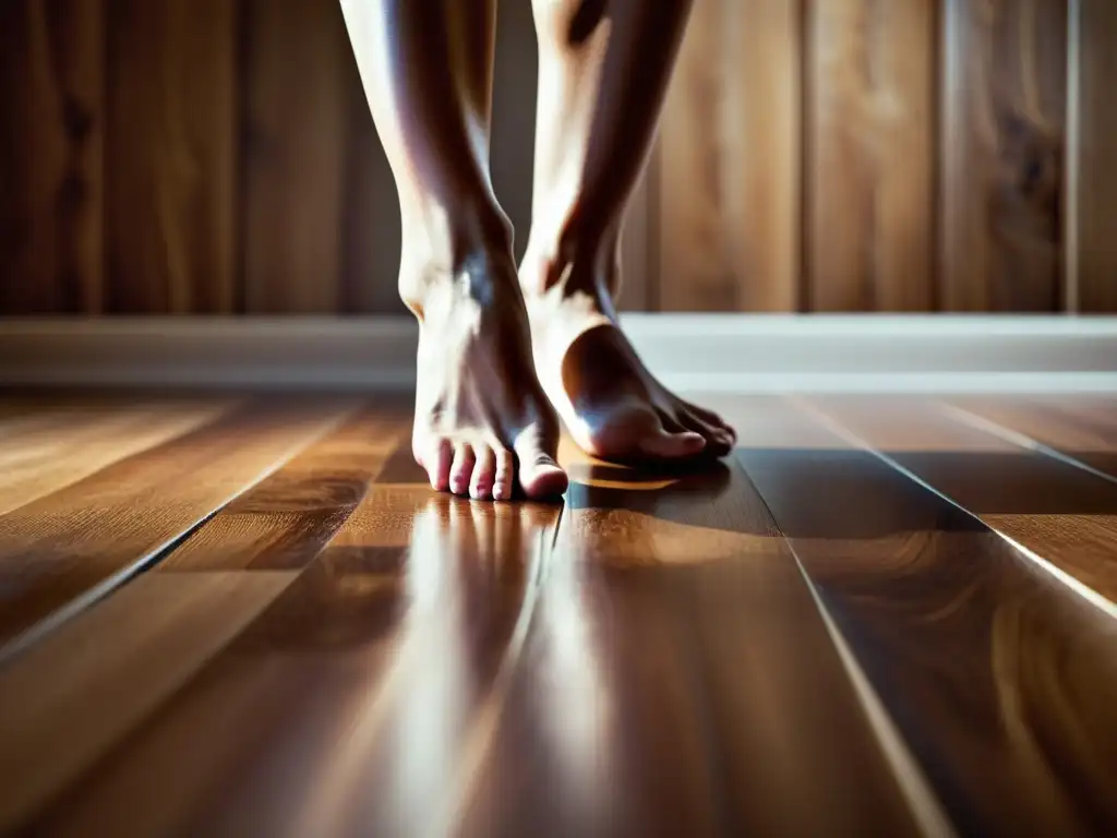 Detalles de los pies de bailarina en el suelo de madera, capturando la esencia de la danza y las técnicas de montaje para documentales de danza